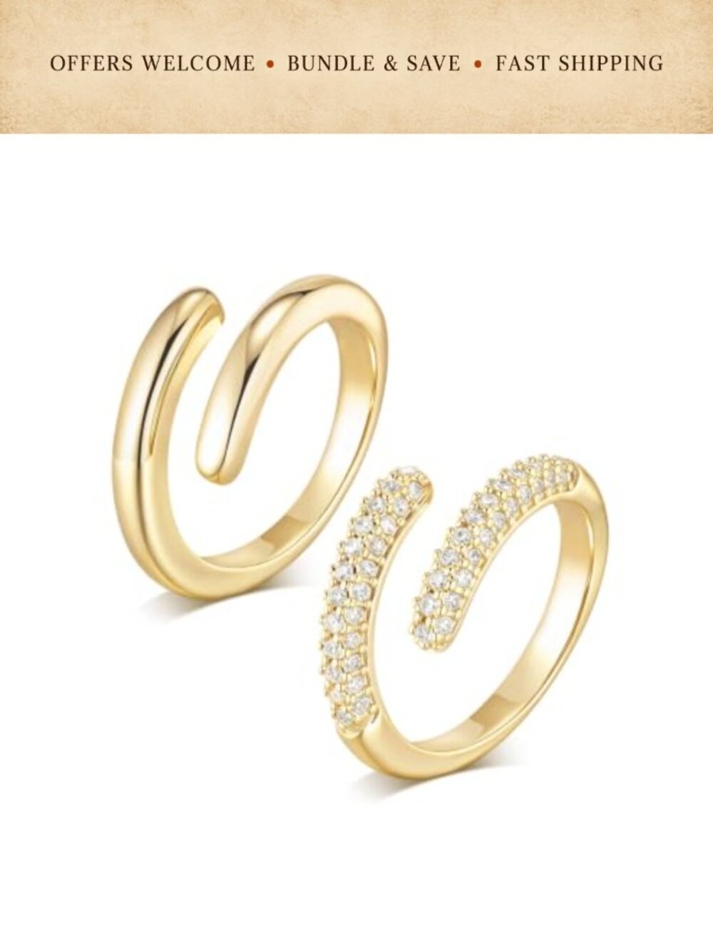 14K Gold Plated Stackable Open Rings Cubic Zirconia Adjustable Bands